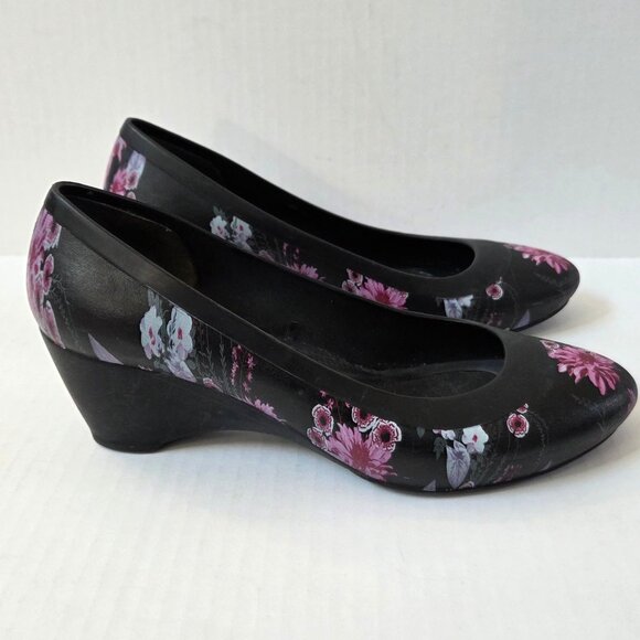 Crocs Shoes Womens 8 US Black Floral Purple Dual Comfort Lina Wedge Pumps - Picture 5 of 9